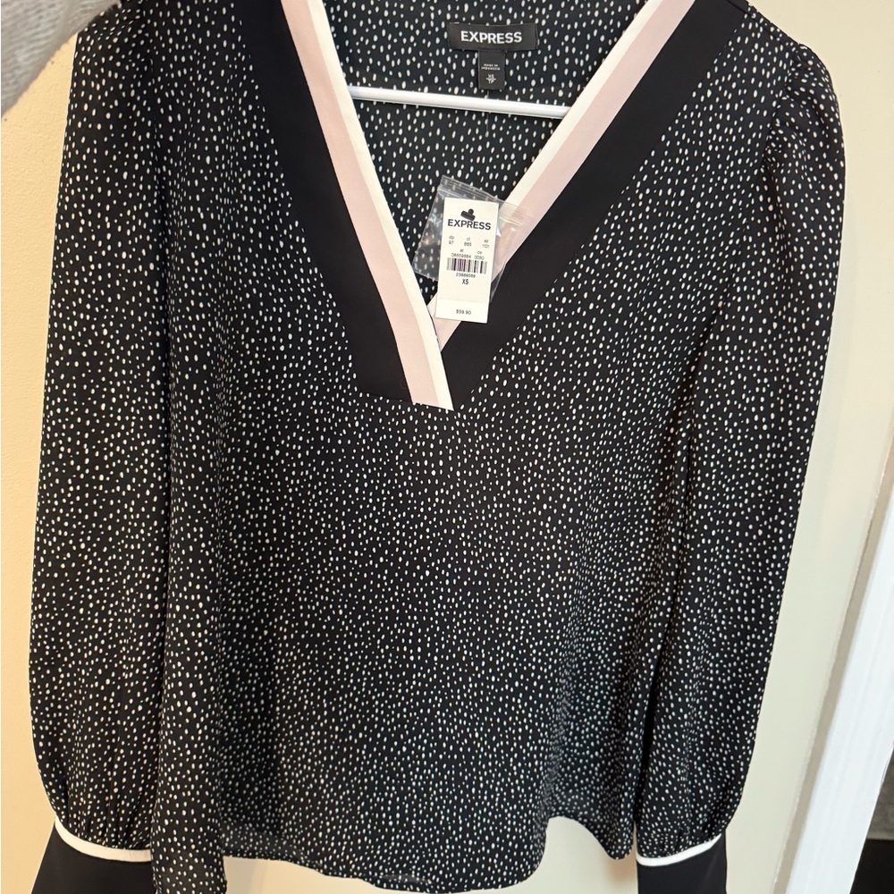 Express Black and White Blouse with V-Neck and Long Sleeves